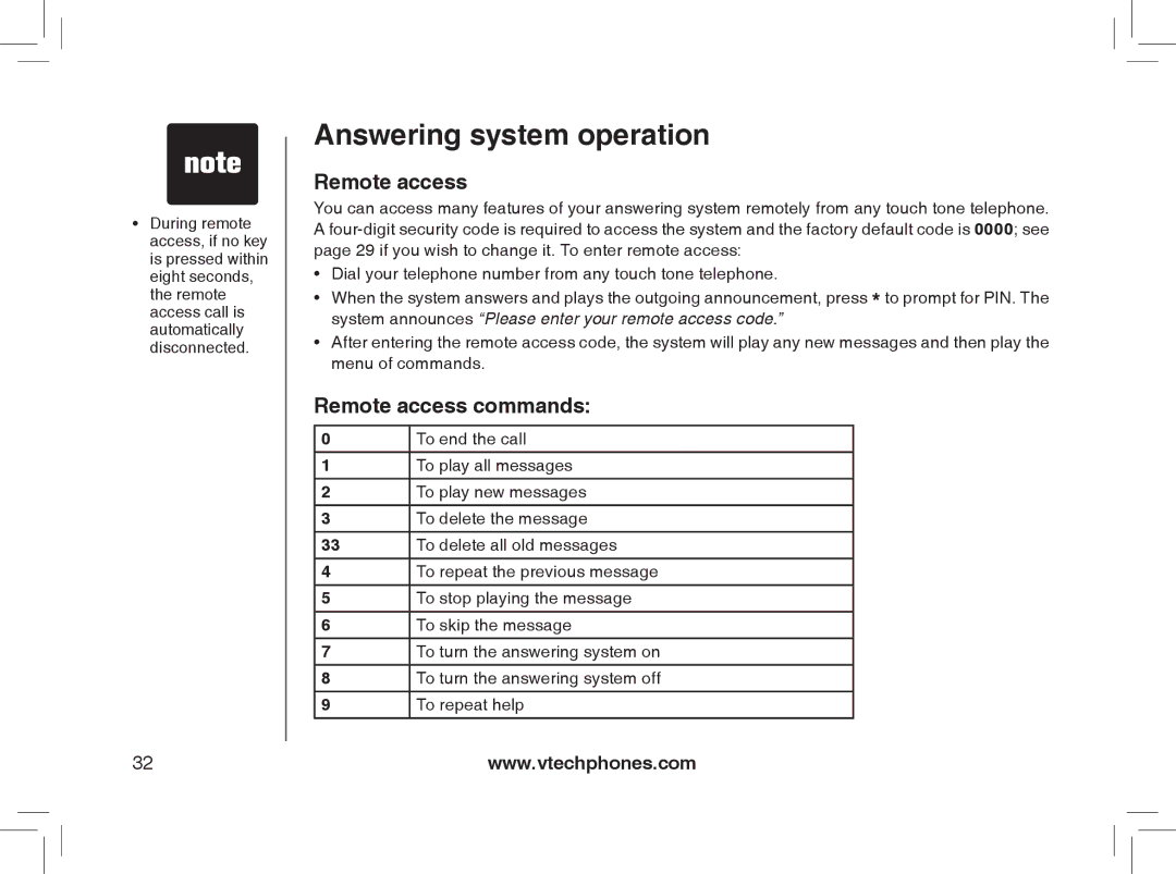 VTech Model 6032 user manual Remote access commands 