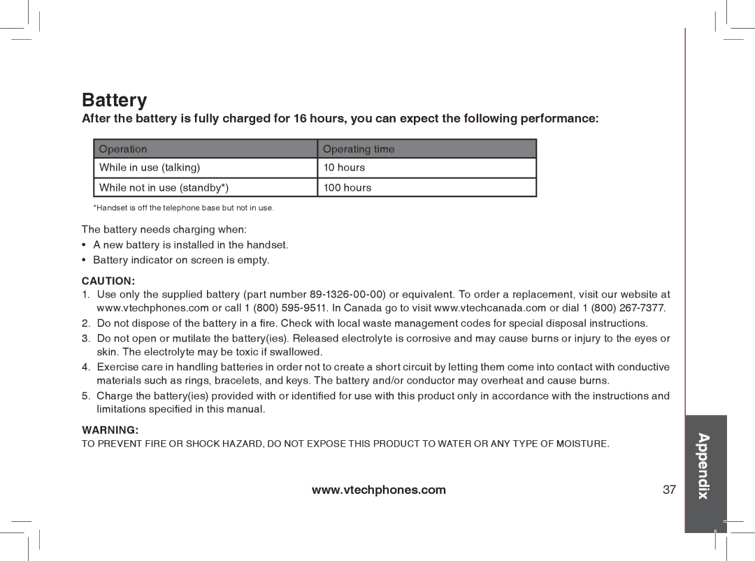 VTech Model 6032 user manual Battery 