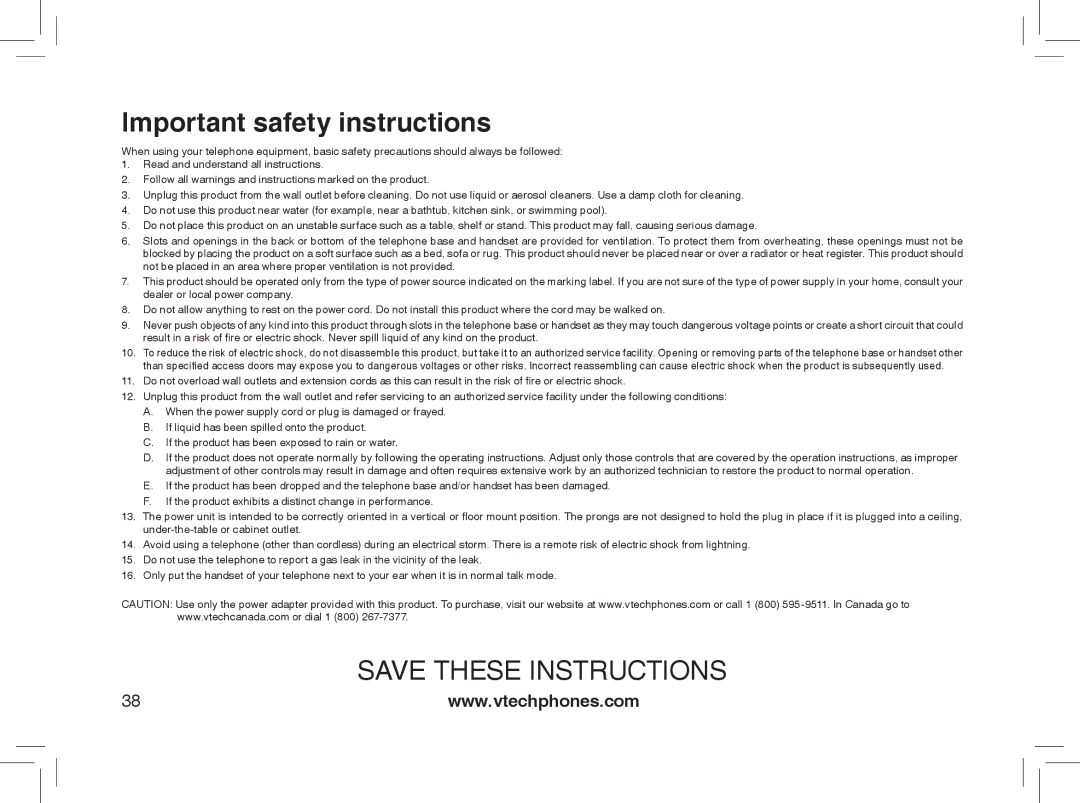 VTech Model 6032 user manual Important safety instructions 