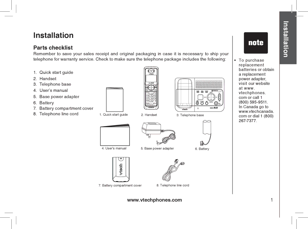 VTech Model 6032 user manual Installation, Parts checklist 