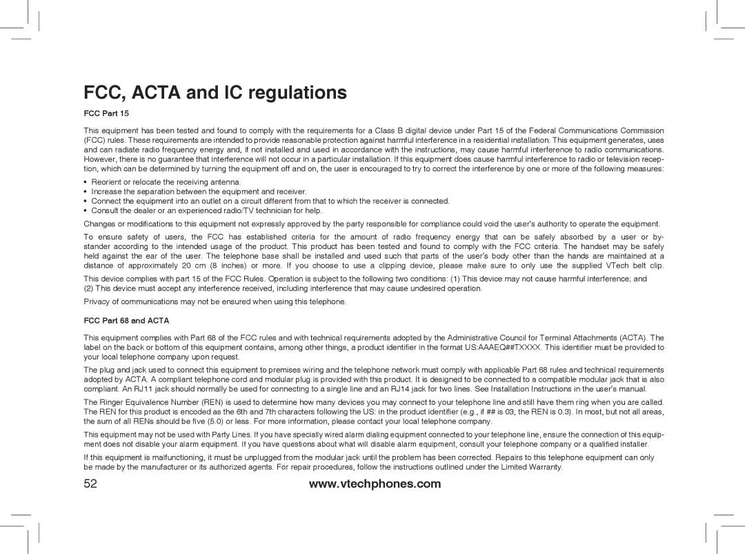 VTech Model 6032 user manual FCC, Acta and IC regulations, FCC Part 