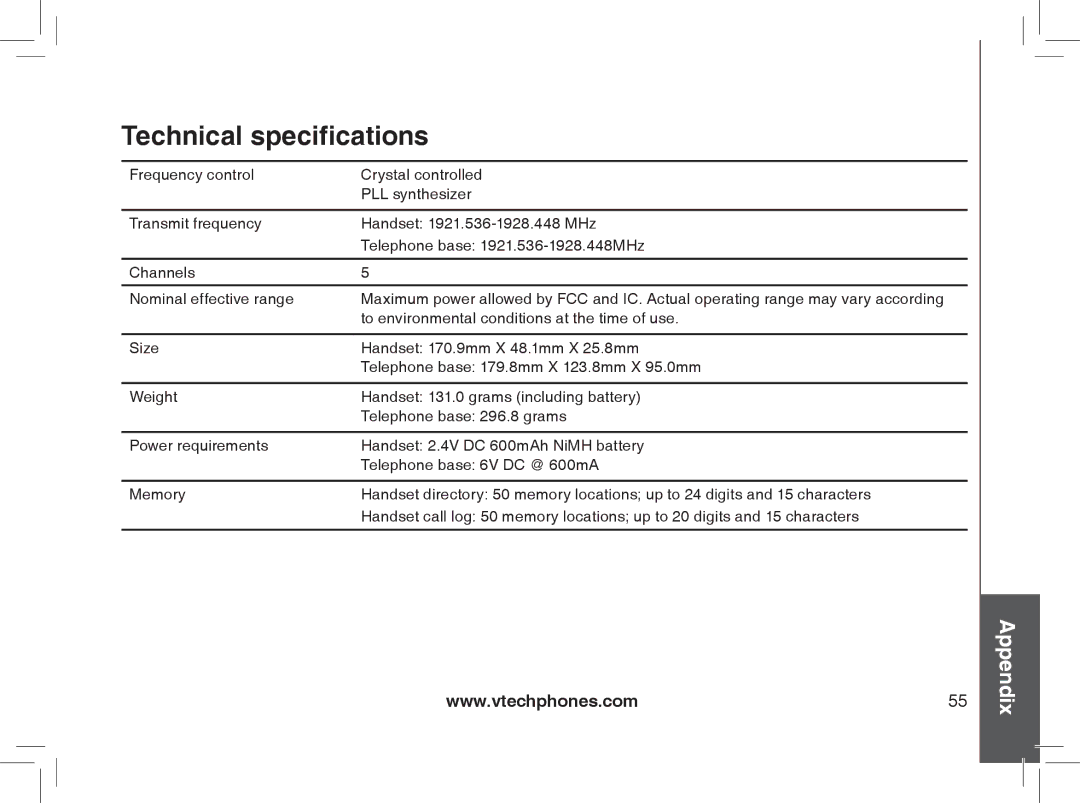 VTech Model 6032 user manual Technical specifications 