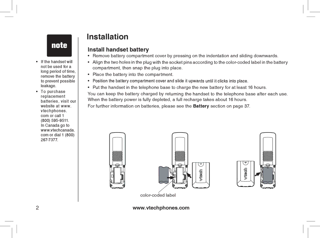 VTech Model 6032 user manual Install handset battery 