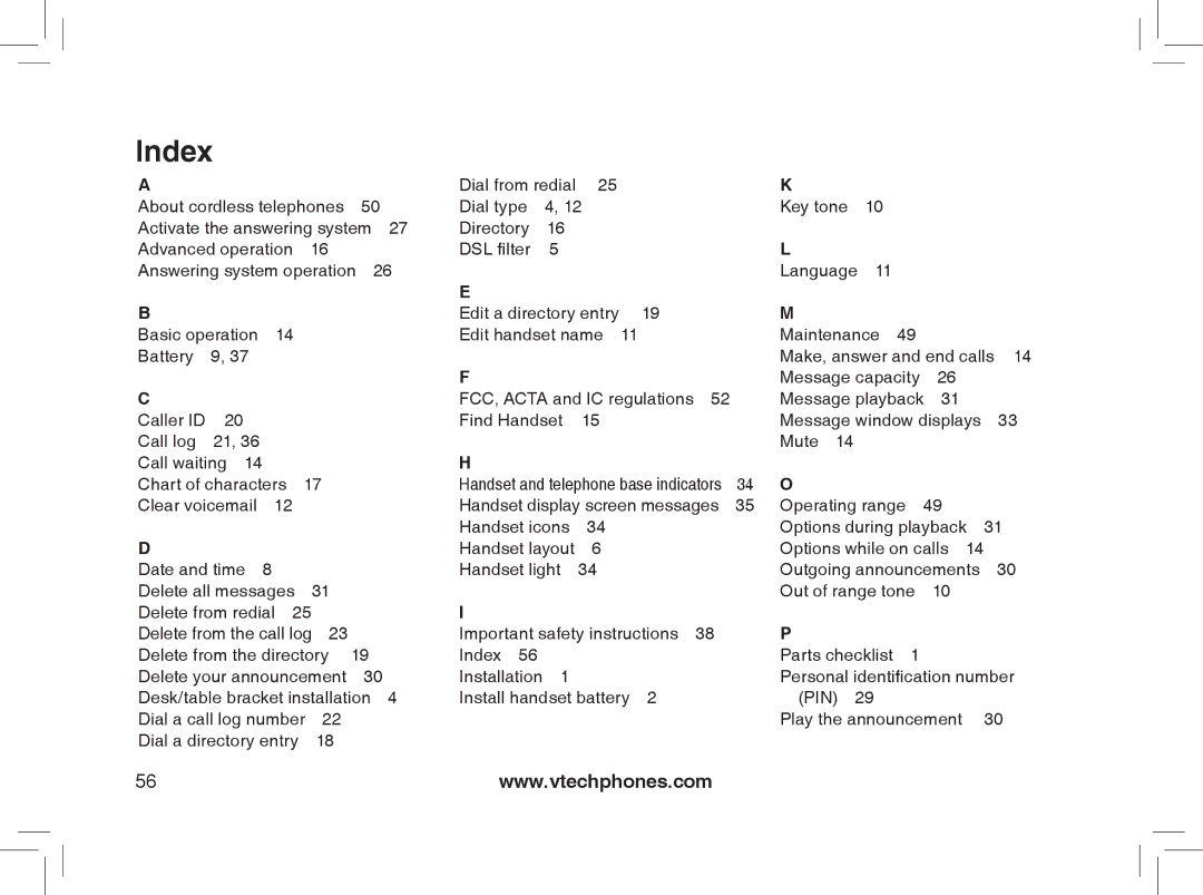 VTech Model 6032 user manual Index 