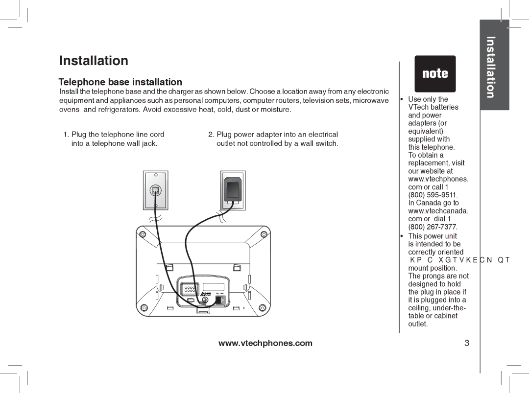 VTech Model 6032 user manual Telephone base installation, 800 