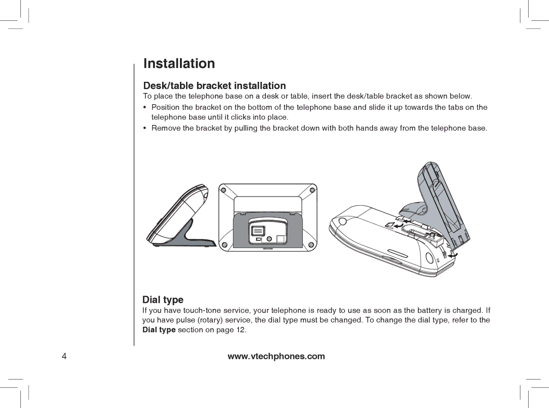 VTech Model 6032 user manual Desk/table bracket installation, Dial type 