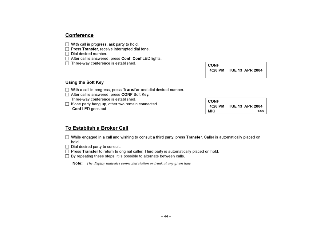 VTech NEAX 2400 IPX manual Conference, To Establish a Broker Call, PM TUE 13 APR MIC 