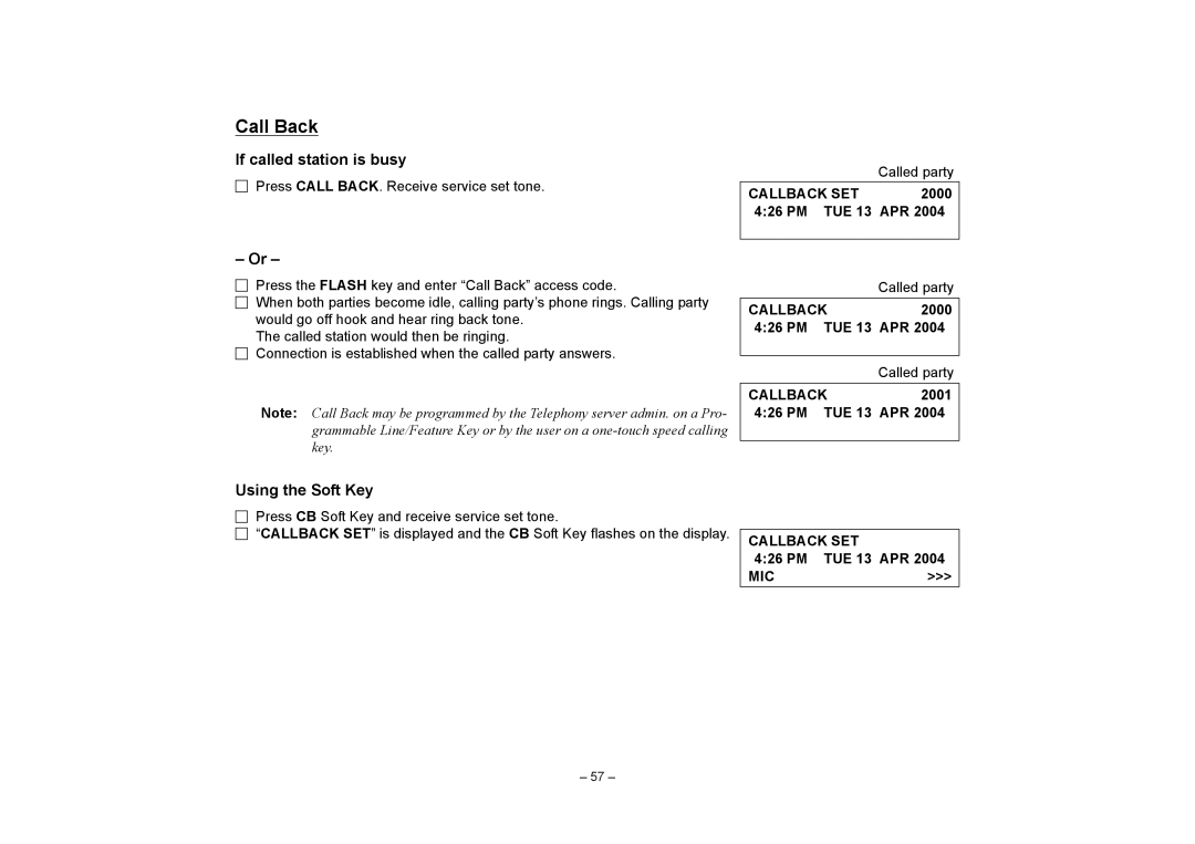 VTech NEAX 2400 IPX manual Call Back, Callback SET, PM TUE 13 APR Called party, PM TUE APR Called party 