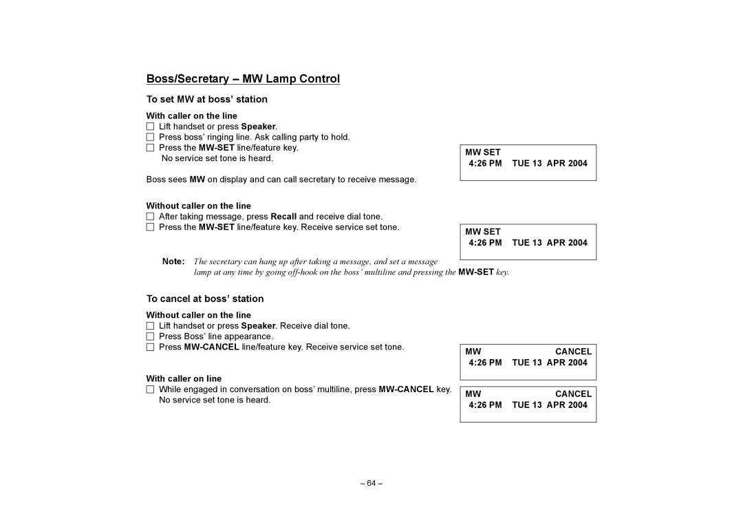VTech NEAX 2400 IPX Boss/Secretary MW Lamp Control, To set MW at boss’ station, To cancel at boss’ station, Mw Set, Cancel 