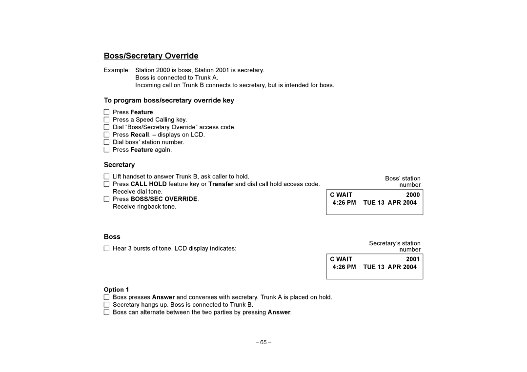 VTech NEAX 2400 IPX manual Boss/Secretary Override, To program boss/secretary override key, PM TUE 13 APR Option 