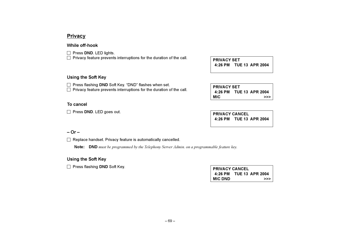 VTech NEAX 2400 IPX manual While off-hook, Privacy SET, MIC Privacy Cancel 