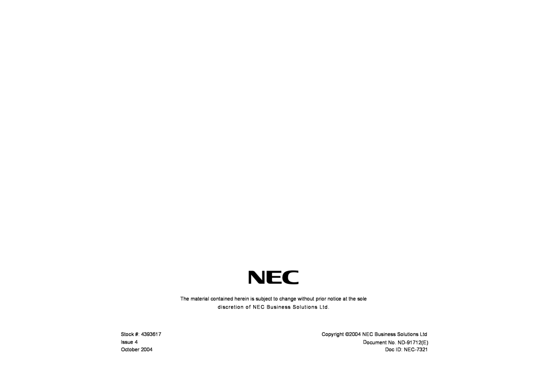 VTech NEAX 2400 IPX manual Stock #, Issue, Document No. ND-91712E, October, Doc ID NEC-7321 