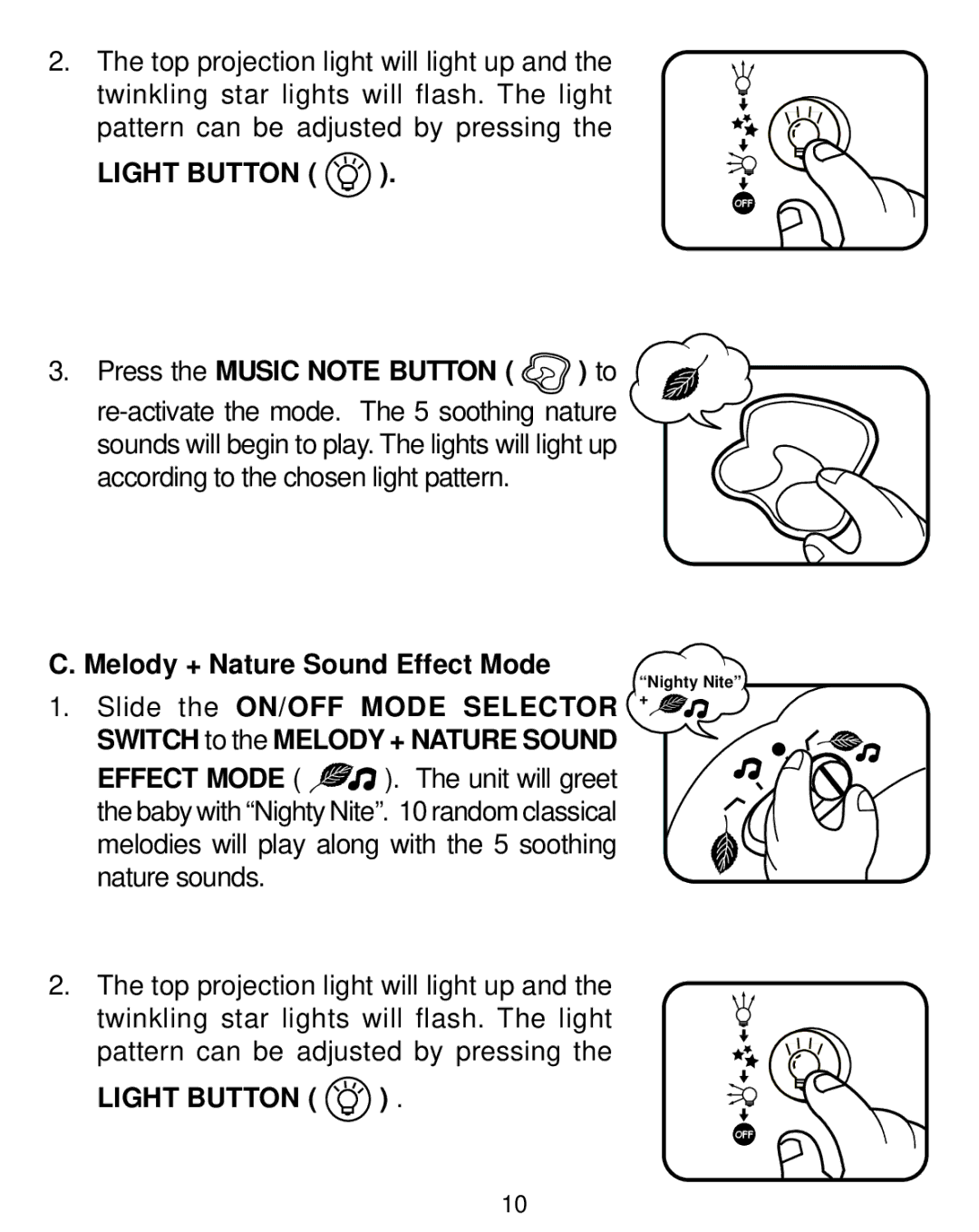 VTech Nighty Nite Nature Light user manual Melody + Nature Sound Effect Mode 