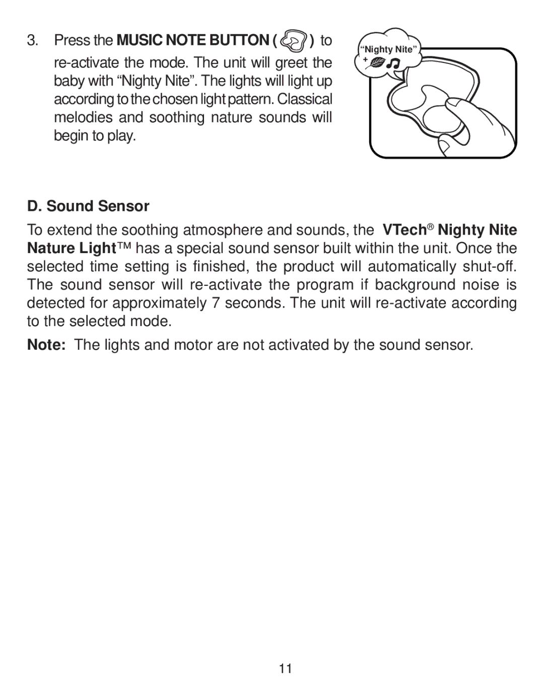 VTech Nighty Nite Nature Light user manual Sound Sensor 