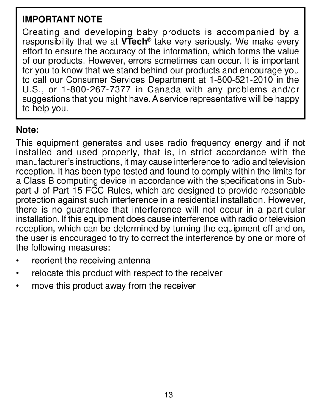 VTech Nighty Nite Nature Light user manual Important Note 