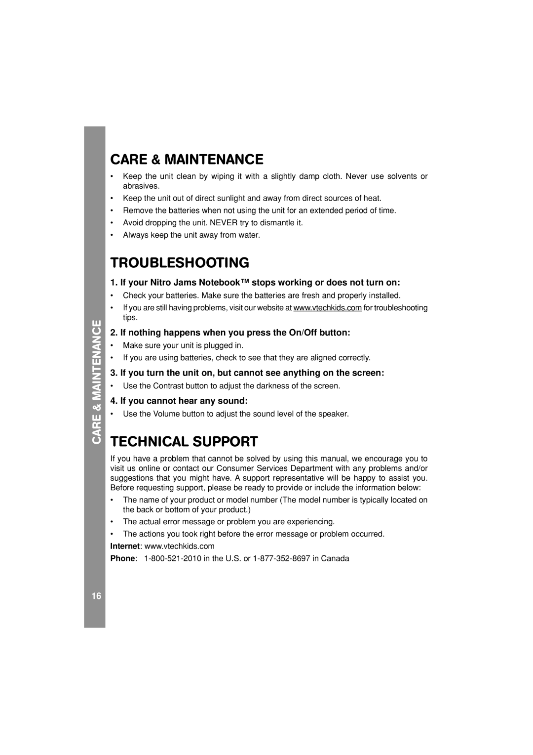 VTech Nitro Jams Notebook user manual Care & Maintenance, Troubleshooting, Technical Support, If you cannot hear any sound 