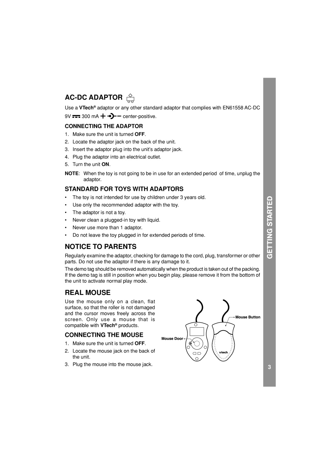 VTech Nitro Jams Notebook user manual AC-DC Adaptor, Real Mouse, Standard for Toys with Adaptors, Connecting the Mouse 