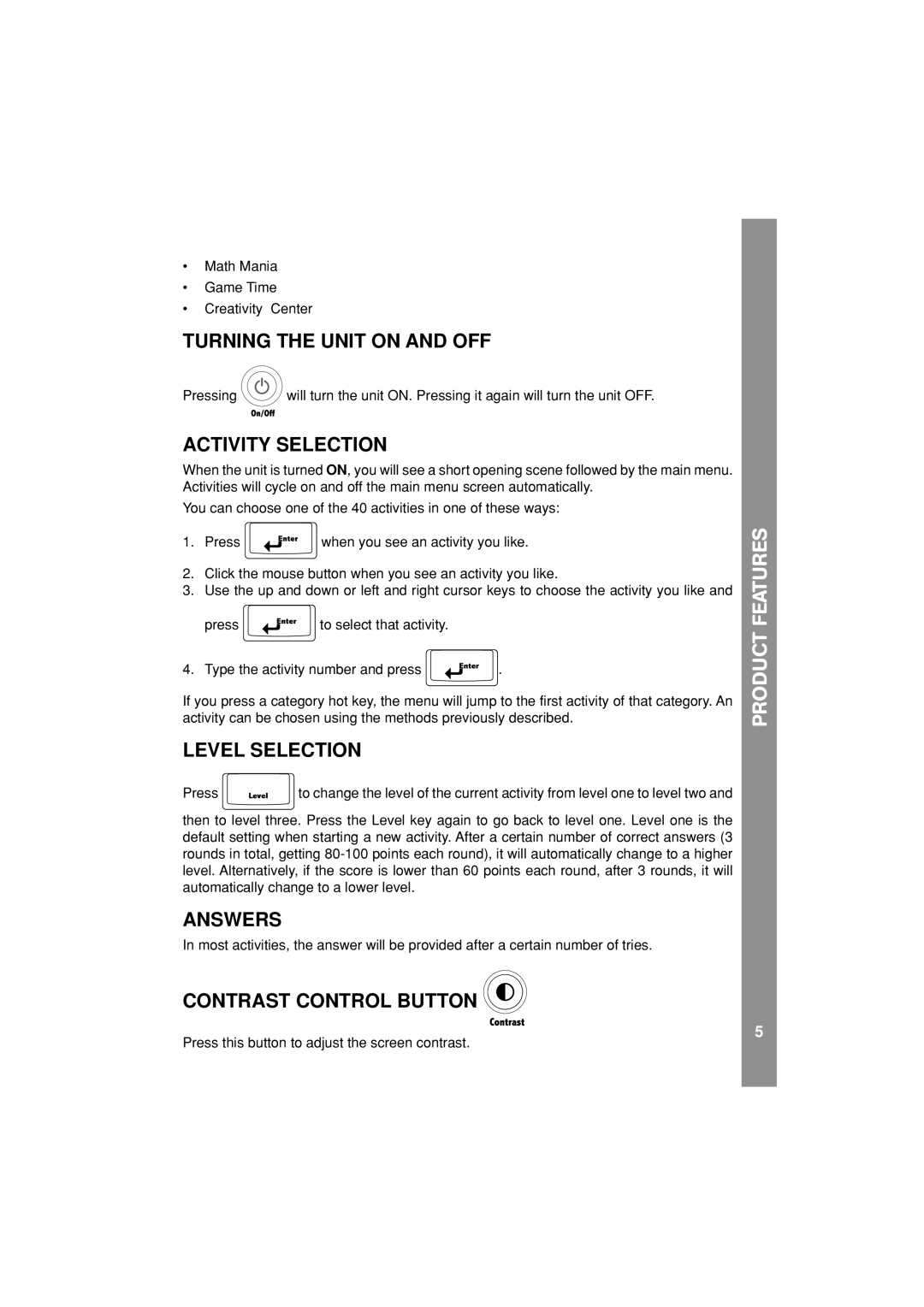 VTech Nitro Jams Notebook user manual Turning the Unit on and OFF, Activity Selection, Level Selection, Answers 