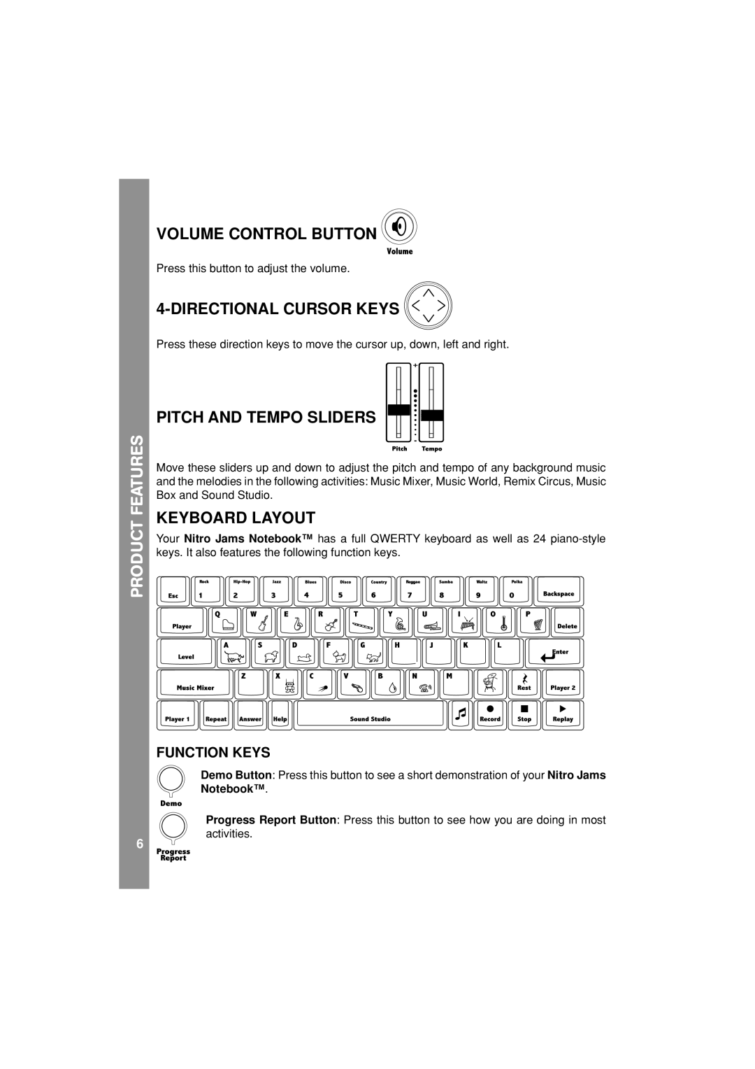 VTech Nitro Jams Notebook Volume Control Button, Directional Cursor Keys, Pitch and Tempo Sliders, Keyboard Layout 