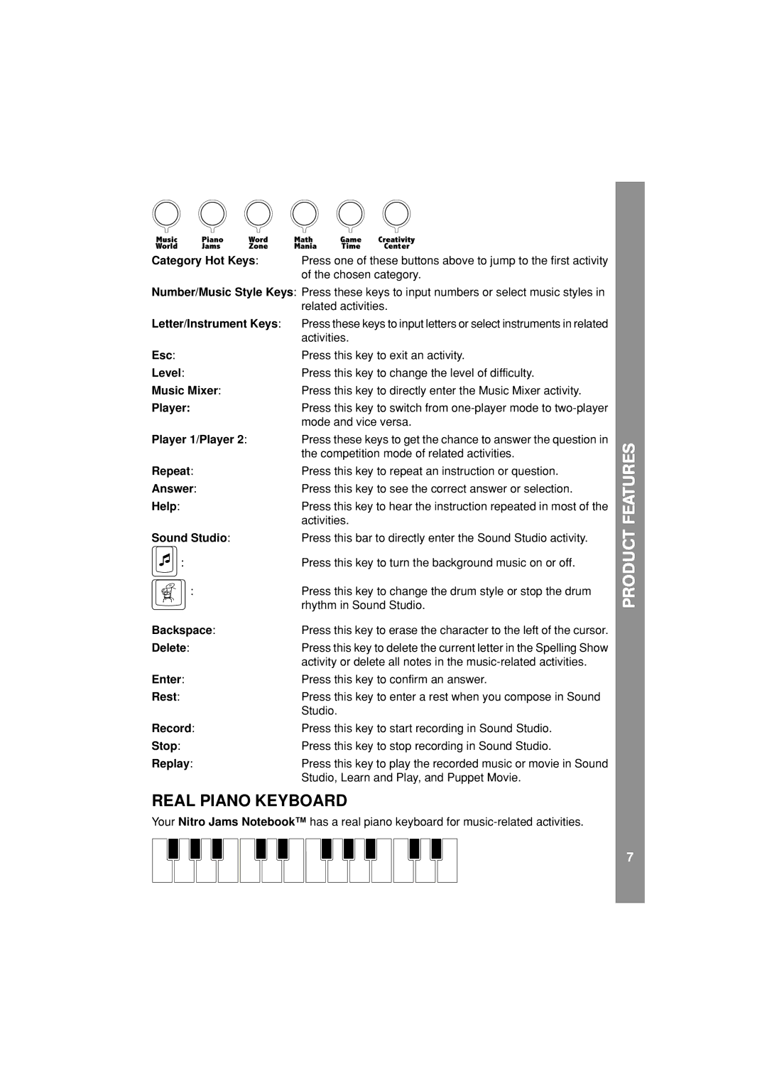 VTech Nitro Jams Notebook user manual Real Piano Keyboard, Player 1/Player 