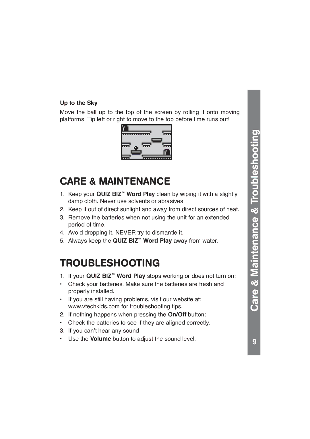 VTech QUIZ BIZ manual Care & Maintenance, Troubleshooting Maintenance Care, Up to the Sky 