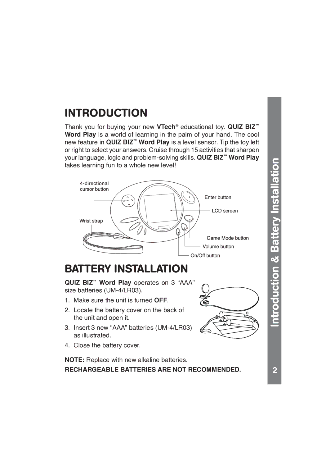 VTech QUIZ BIZ manual Introduction & Battery Installation 