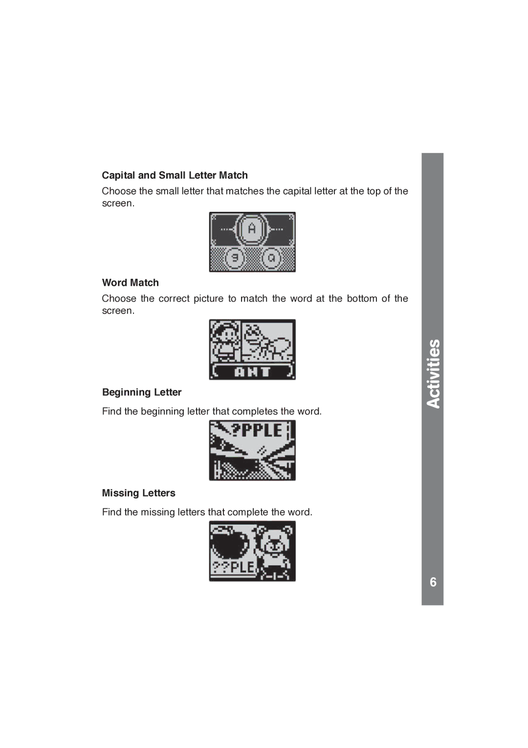 VTech QUIZ BIZ manual Capital and Small Letter Match, Word Match, Beginning Letter, Missing Letters 