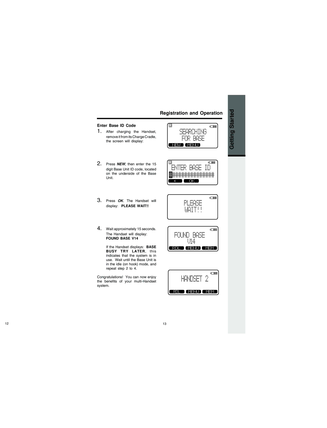 VTech QW2432 important safety instructions Enter Base ID Code, Found Base 