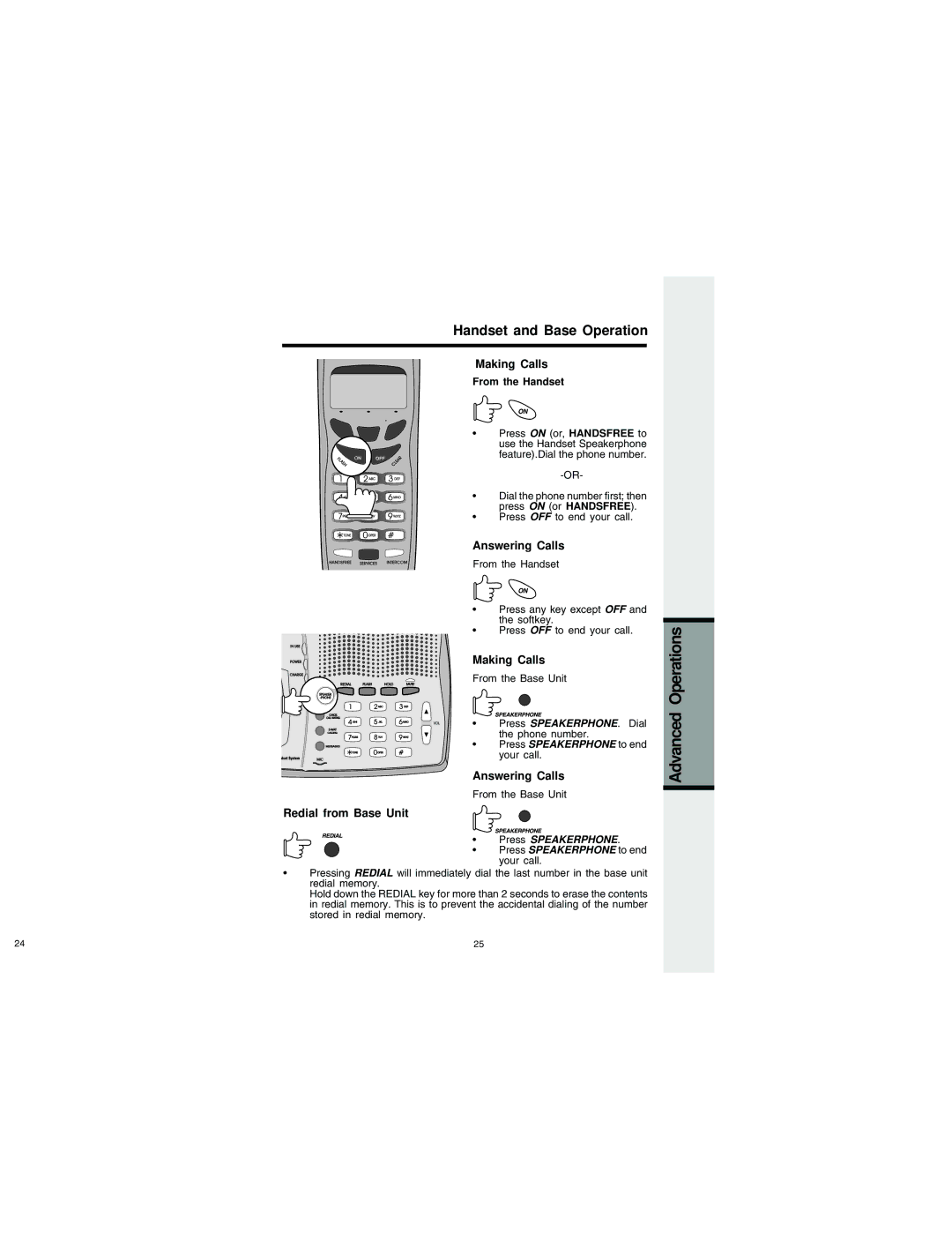 VTech QW2432 Handset and Base Operation, Making Calls, Answering Calls, Redial from Base Unit, From the Handset 