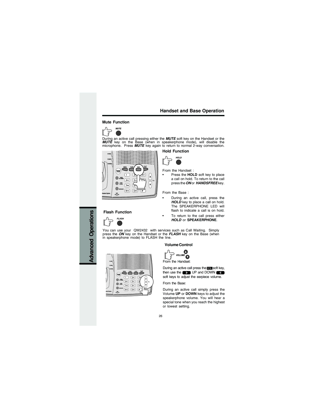 VTech QW2432 Mute Function, Hold Function, Flash Function, Volume Control, Hold or Speakerphone 