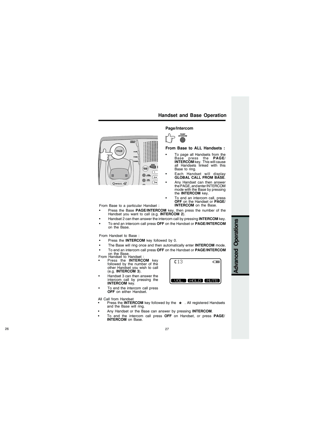 VTech QW2432 important safety instructions Page/Intercom From Base to ALL Handsets, Global Call from Base, Intercom key 