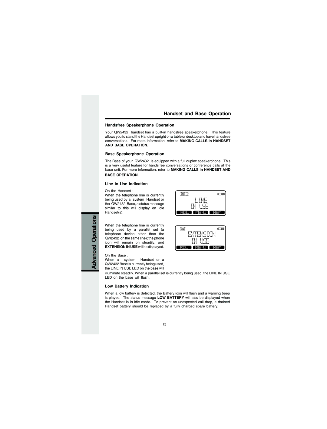 VTech QW2432 Handsfree Speakerphone Operation, Base Speakerphone Operation, Line in Use Indication, Low Battery Indication 