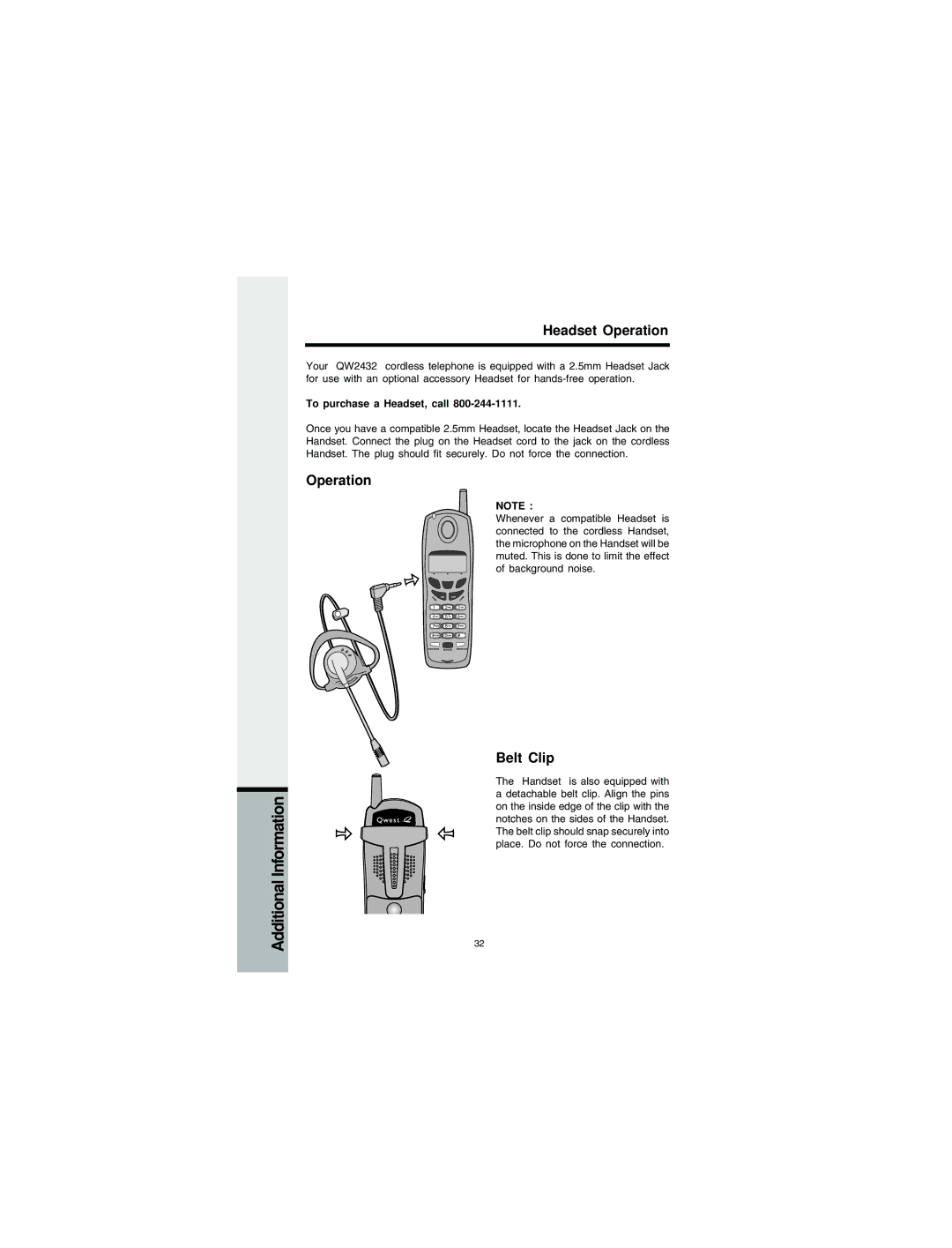 VTech QW2432 important safety instructions Headset Operation, Belt Clip, To purchase a Headset, call 