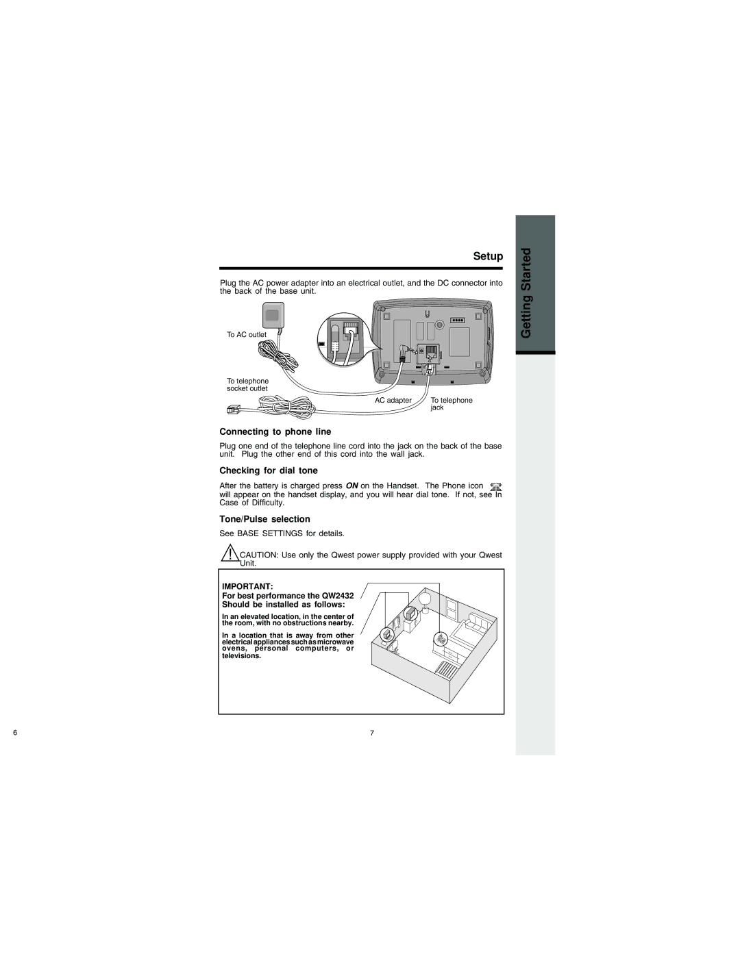 VTech QW2432 important safety instructions Setup, Connecting to phone line, Checking for dial tone, Tone/Pulse selection 