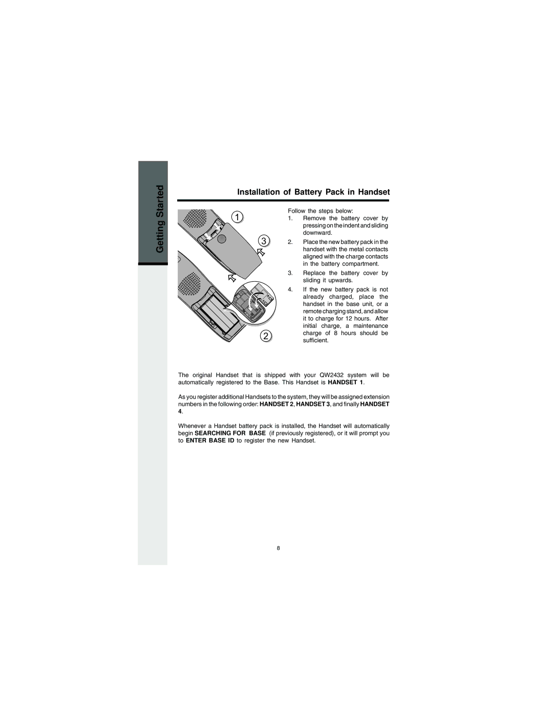 VTech QW2432 important safety instructions Getting Started, Installation of Battery Pack in Handset 