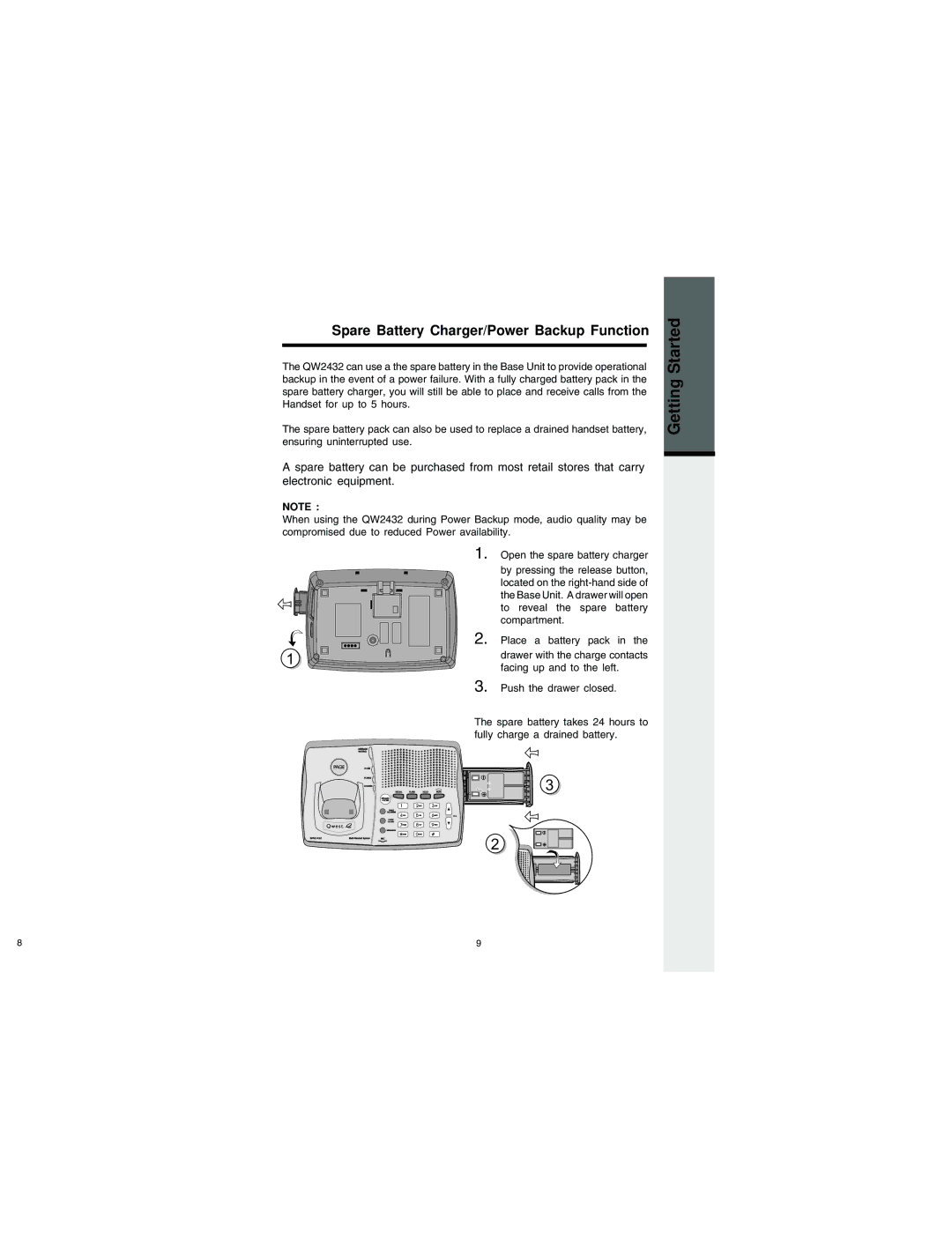 VTech QW2432 important safety instructions Spare Battery Charger/Power Backup Function, Getting 