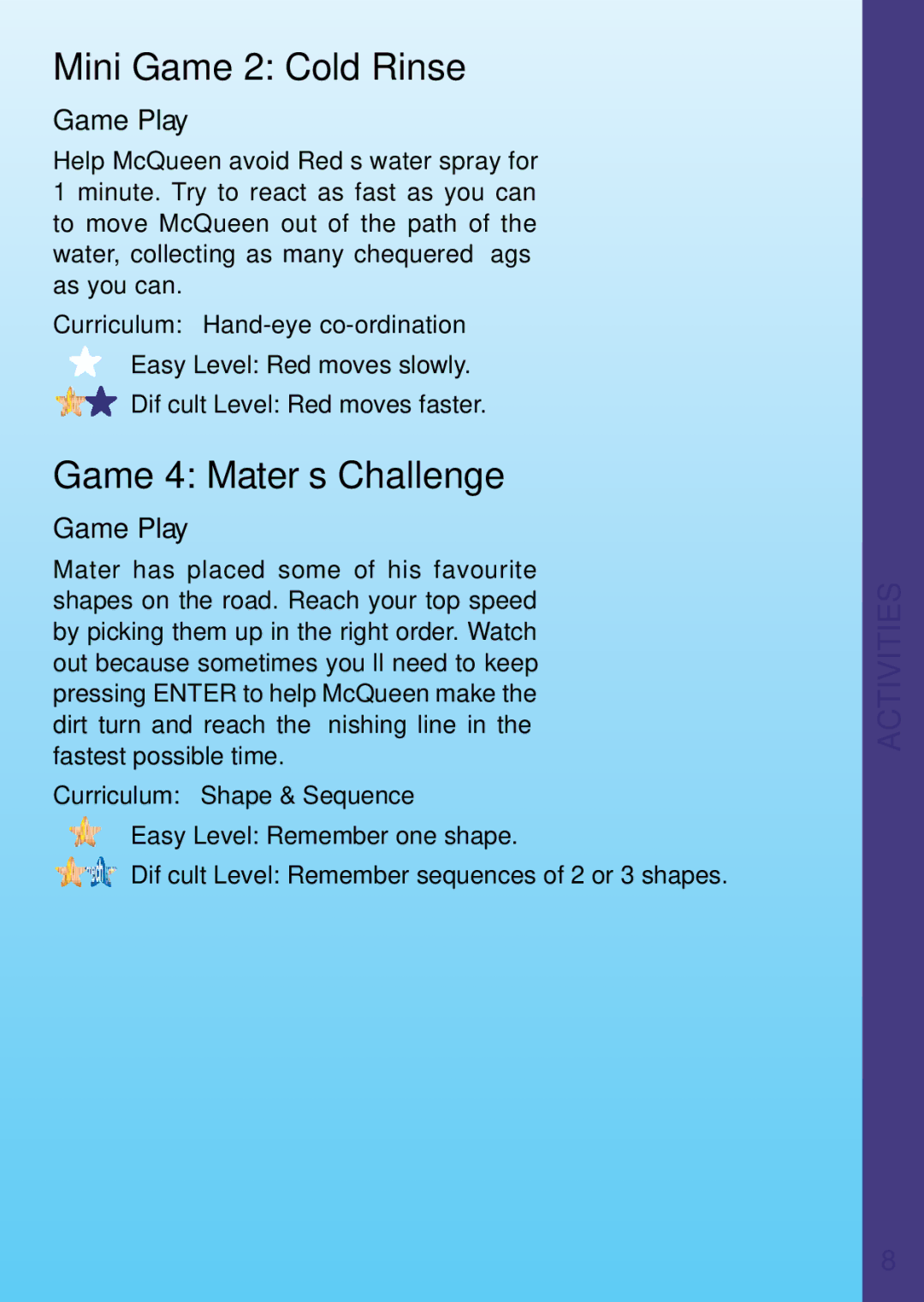 VTech REV IT UP IN RADIATOR SPRINGS user manual Mini Game 2 Cold Rinse, Game 4 Mater’s Challenge 