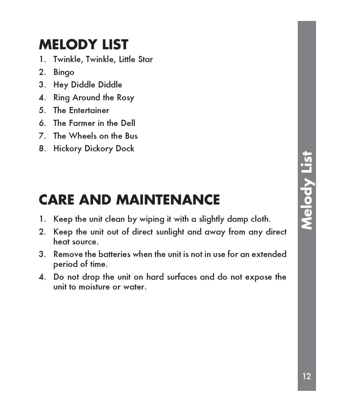 VTech Sing Piano manual Melody List, Care and Maintenance 