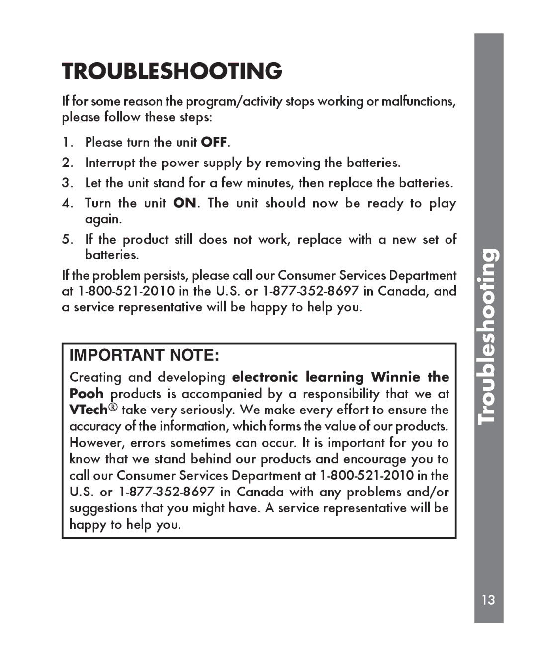 VTech Sing Piano manual Troubleshooting, Important Note 