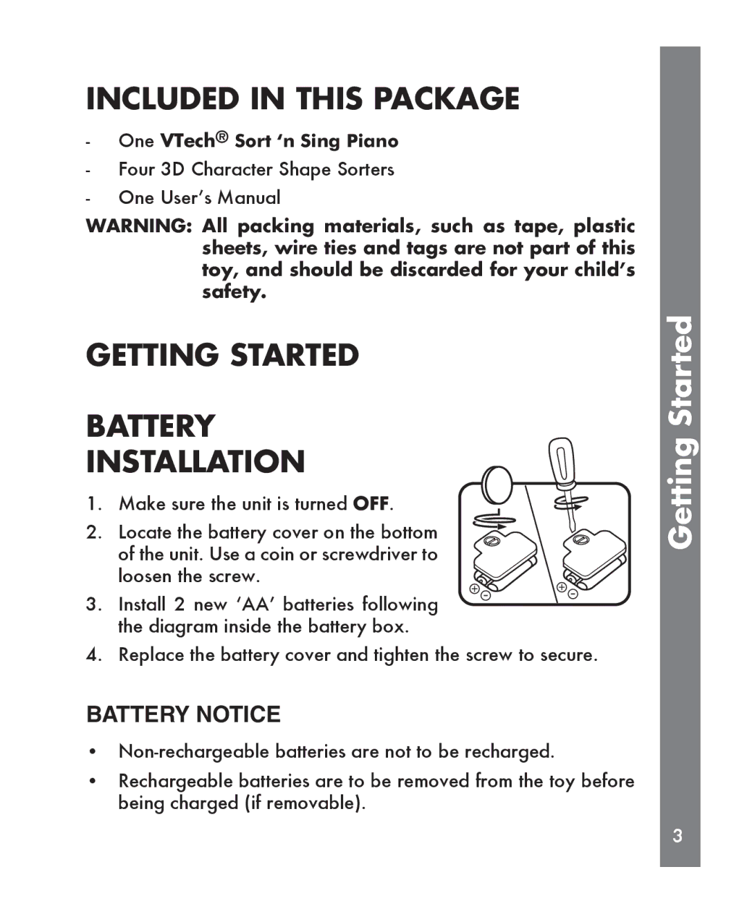 VTech Sing Piano manual Included in this Package, Getting Started Battery Installation, Battery Notice 