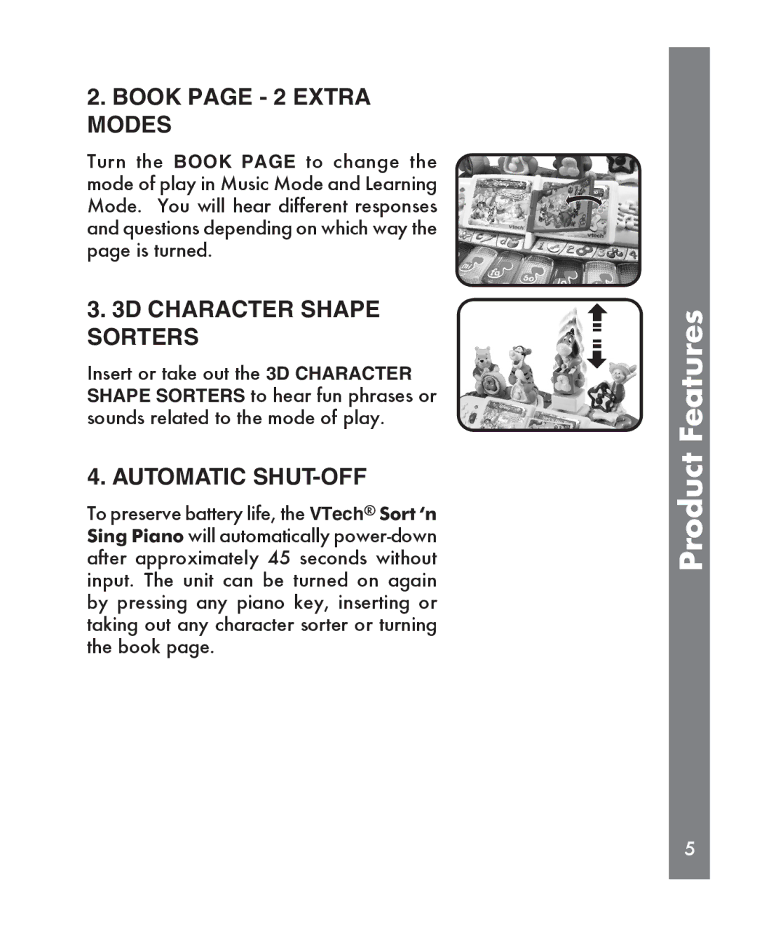 VTech Sing Piano manual Book page 2 Extra Modes, 3D Character Shape Sorters, Automatic SHUT-OFF 