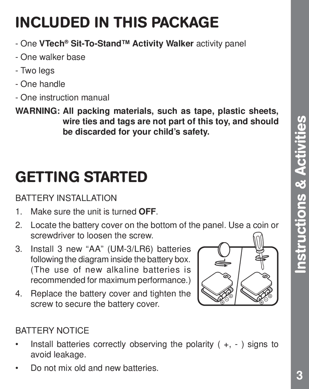 VTech sit-to-stand user manual Included in this Package, Getting Started, Instructions & Activities 