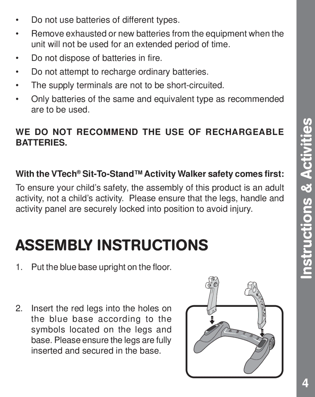 VTech sit-to-stand user manual Assembly Instructions, WE do not Recommend the USE of Rechargeable Batteries 