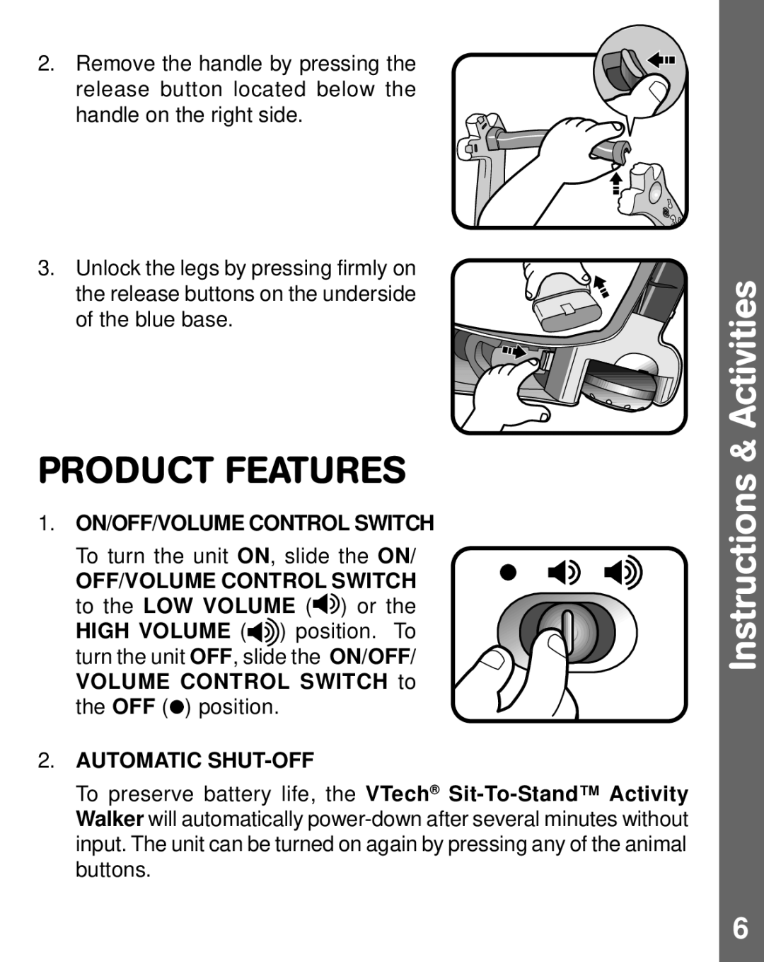 VTech sit-to-stand user manual Product Features, ON/OFF/VOLUME Control Switch, Automatic SHUT-OFF 