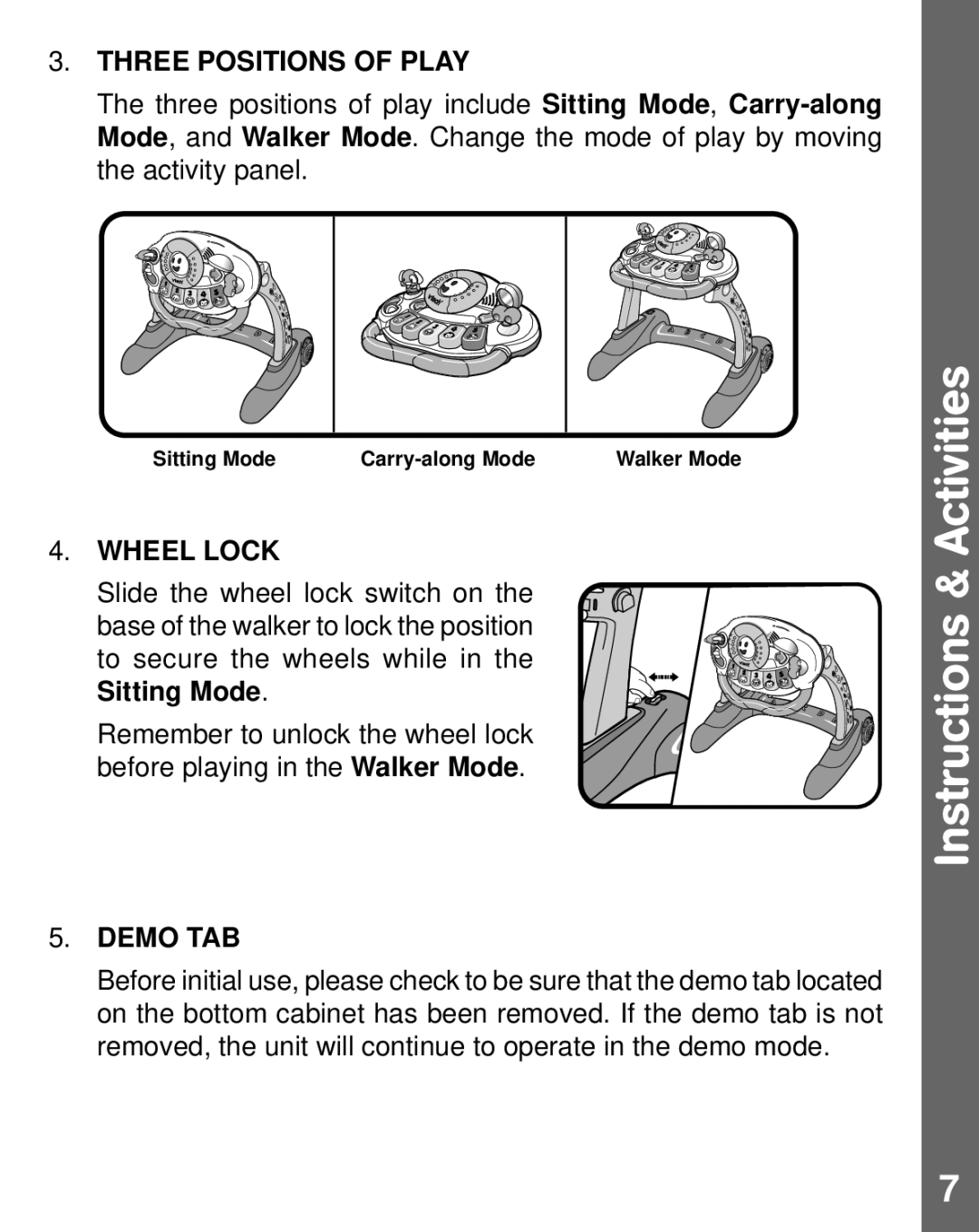 VTech sit-to-stand user manual Three Positions of Play, Wheel Lock, Demo TAB 