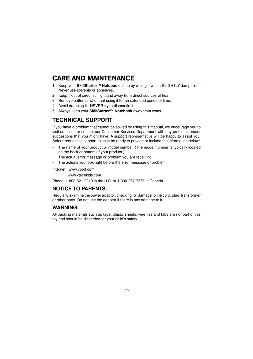 VTech SkillStarter Notebook manual Care and Maintenance, Technical Support 