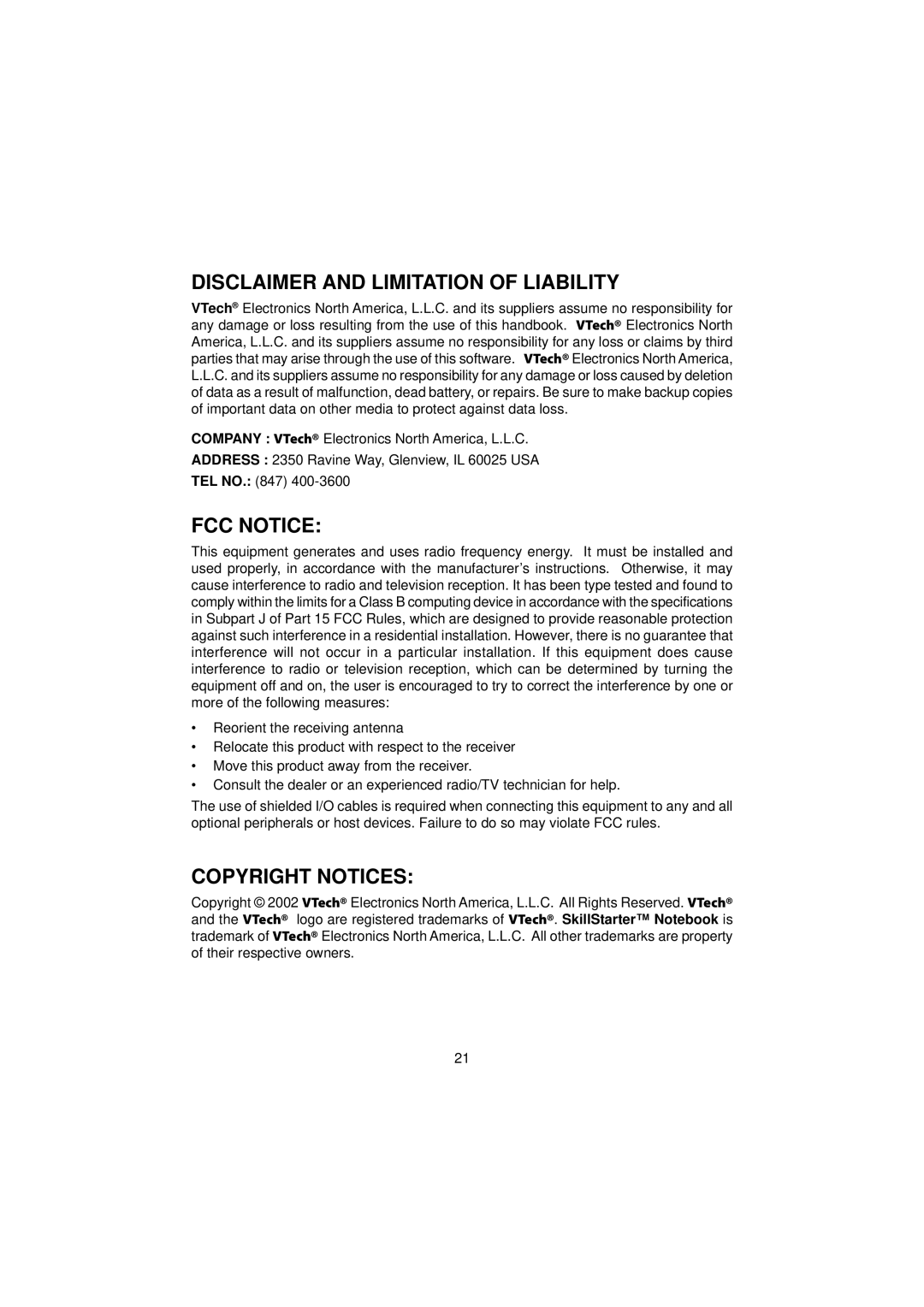 VTech SkillStarter Notebook manual Disclaimer and Limitation of Liability, FCC Notice, Copyright Notices 