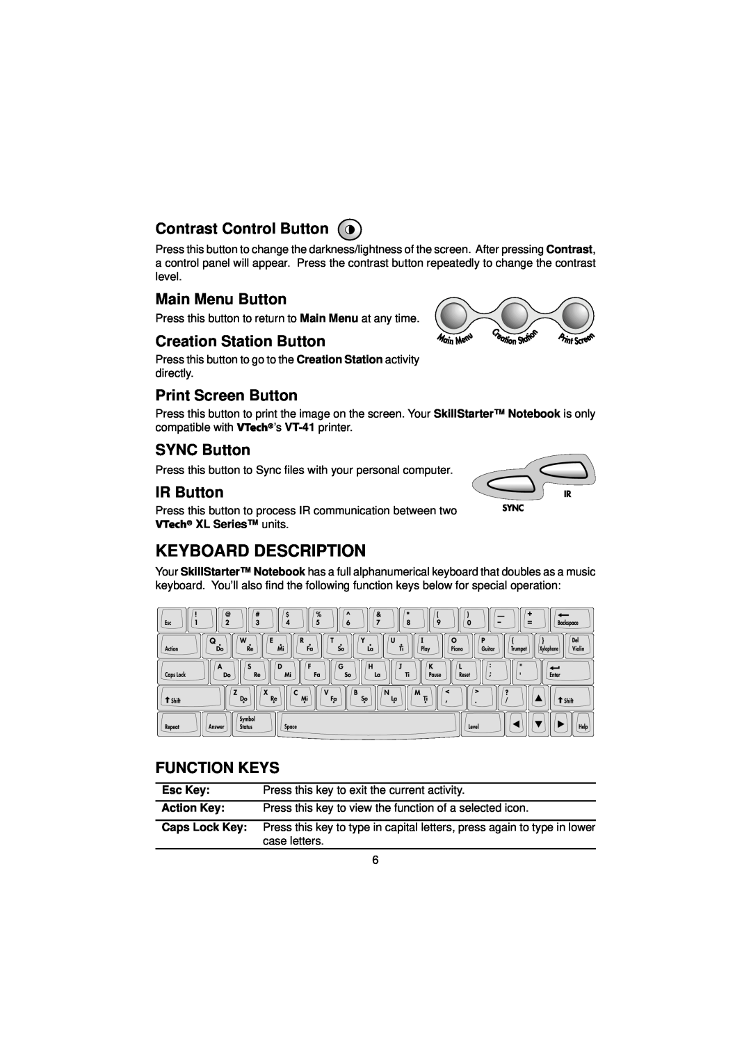 VTech SkillStarter Notebook manual Keyboard Description, Contrast Control Button, Main Menu Button, Creation Station Button 