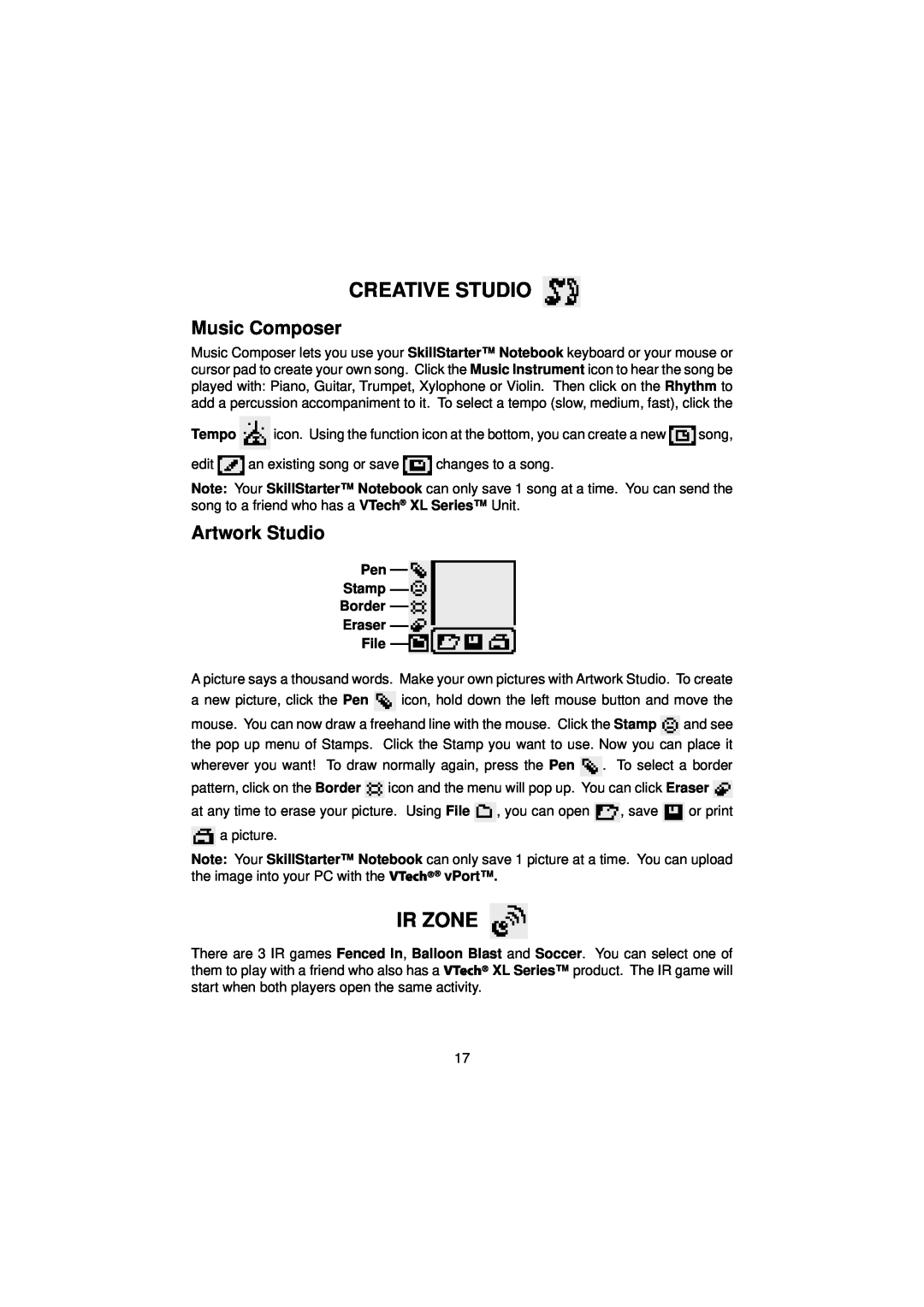 VTech SkillStarter Notebook manual Creative Studio, Ir Zone, Music Composer, Artwork Studio 