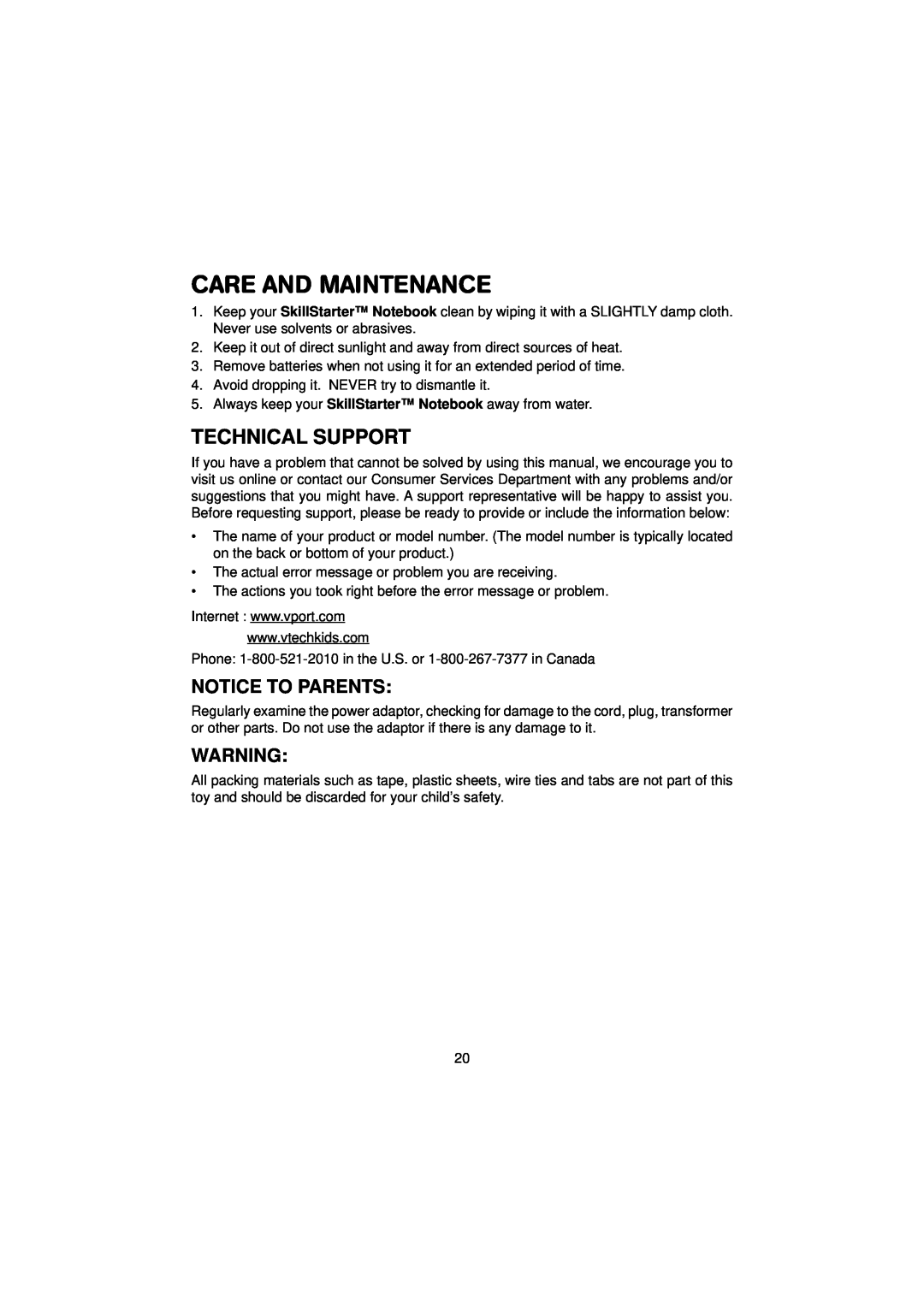 VTech SkillStarter Notebook manual Care And Maintenance, Technical Support, Notice To Parents 